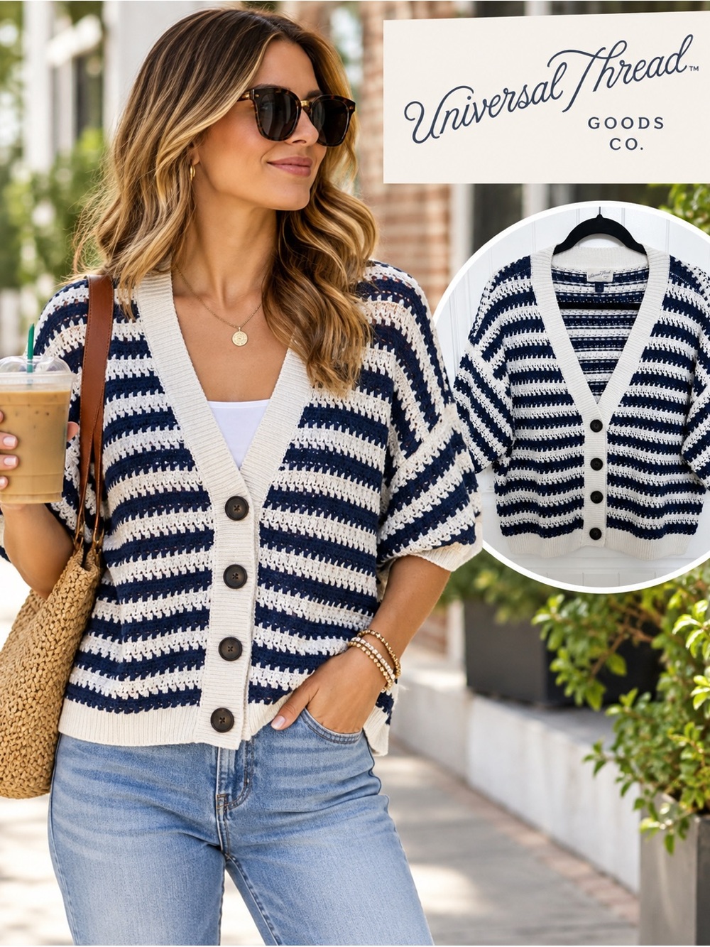 ✨NWOT✨ Universal Thread Navy & Cream Striped Crochet Cardigan